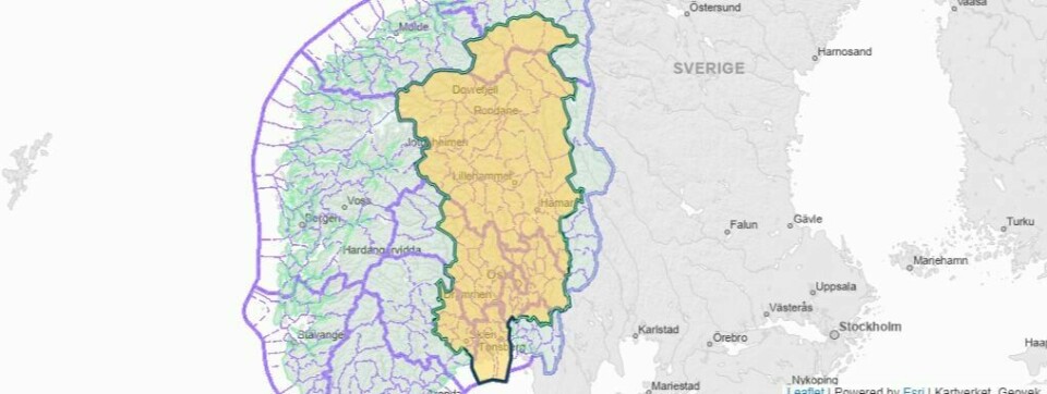 NVE varsler gult farenivå for flom og jordskred for deler av Østlandet og sørlig del av Trøndelag for mandag. Årsaken er et svært vått værsystem som beveger seg sørøst fra og opp mot Norge. NVE varsler gult farenivå for flom og jordskred for deler av Østlandet og sørlig del av Trøndelag for mandag. Årsaken er et svært vått værsystem som beveger seg sørøst fra og opp mot Norge. Foto: Skjermdump / Varsom.no / NTB