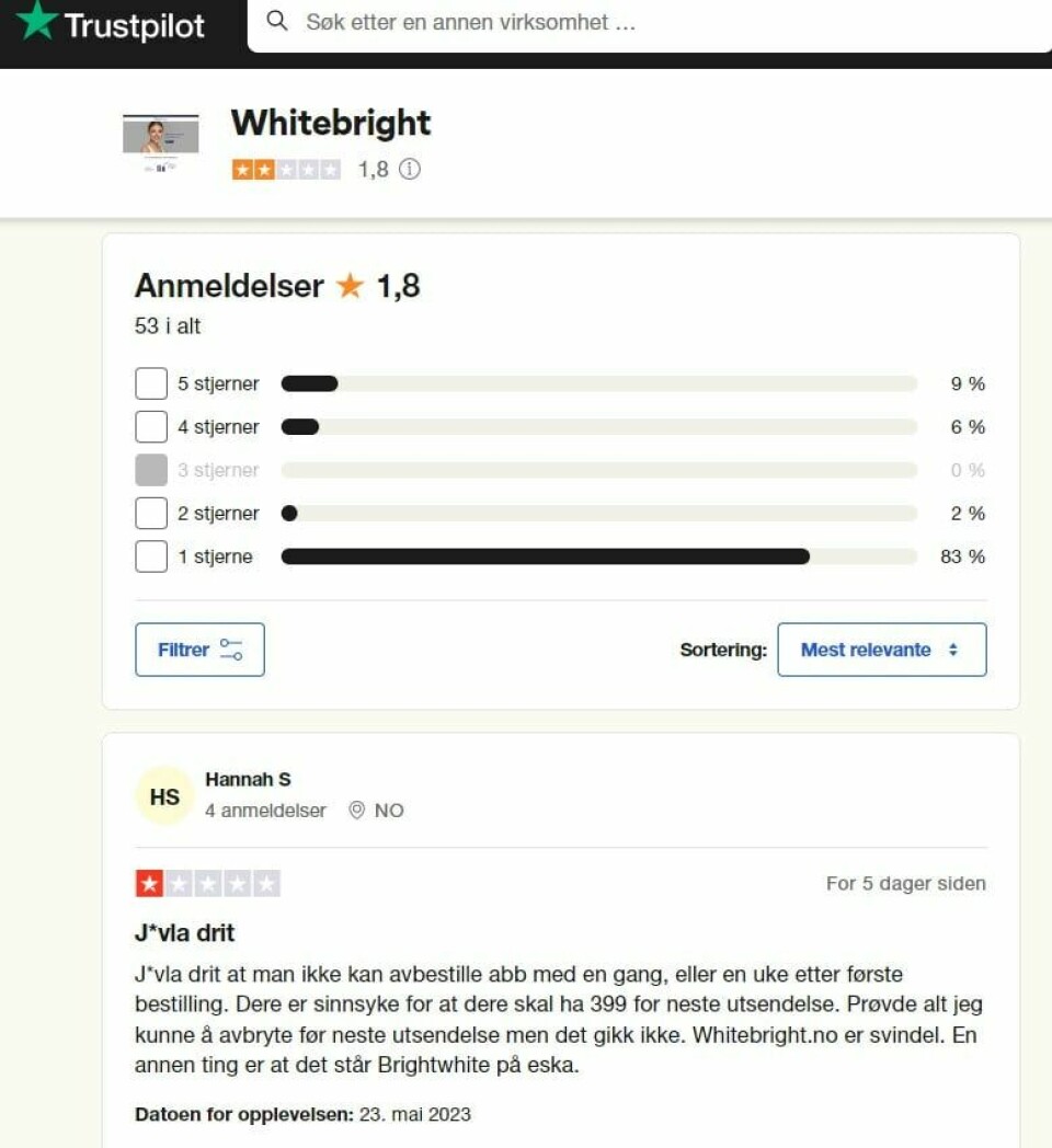 På nettstedet Trustpilot er de dårlige anmeldelsene i overtall. WhiteBright anmeldelser på Trustpilot