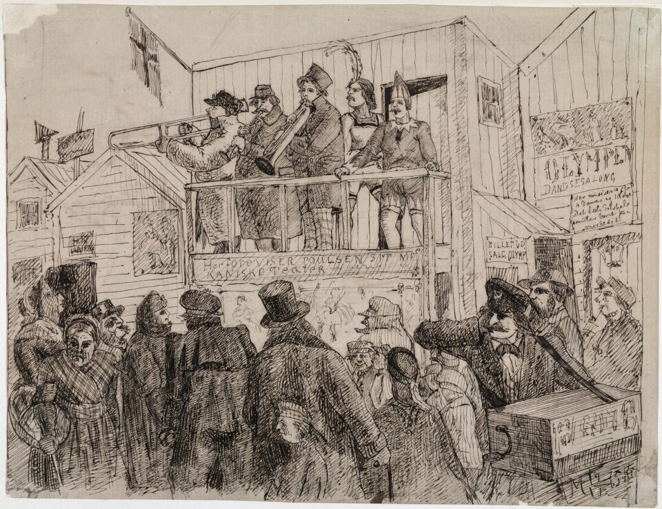 Til høyre i bildet ser vi dansesalongen Olympen på Youngstorget. Her optrådte Lobinsky og sangerne hans under Christianiamarkedet i 1864. Tegning av en gruppe mennesker som ser på folk som underholder med forskjellige instrumenter.