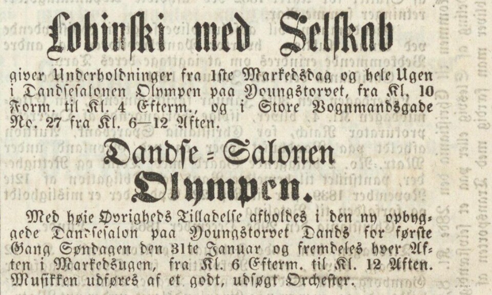 Annonse for Lobinskys opptreden på Olympen på Youngstorget i 1864. Bilde av tekst i en gammel avis.
