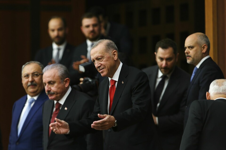 Tyrkias president Recep Tayyip Erdogan under et møte i nasjonalforsamlingen fredag. Tyrkias president Recep Tayyip Erdogan under et møte i nasjonalforsamlingen fredag. Foto: Ali Unal / AP / NTB