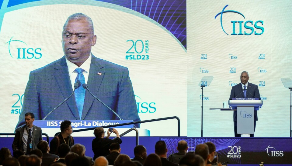 Forsvarsminister Lloyd Austin på toppmøtet i Singapore lørdag. Forsvarsminister Lloyd Austin på toppmøtet i Singapore lørdag. Foto: Vincent Thian / AP / NTB