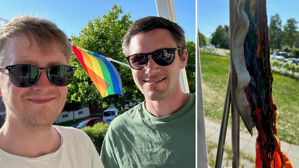 Noen har satt fyr på regnbueflagget som var på balkongen til samboerparet Edward Ingebrigtsen (t.v.) og Robert Lind. Noen har satt fyr på regnbueflagget som var på balkongen til samboerparet Edward Ingebrigtsen (t.v.) og Robert Lind.