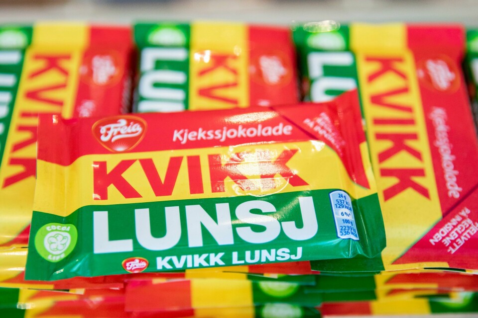 Den norske Freia-sjokoladen er rammet av boikott. Kvikklunsj fjernes fra SAS' flygninger etter at Mondelez i slutten av mai havnet på Ukrainas svarteliste. Foto: Fredrik Hagen / NTB