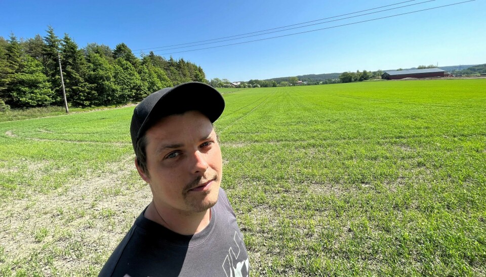 Gårds- og jordbruker Henrik Valle i Onsøy i Fredrikstad merker godt at Østlandet mangler nedbør i mai og juni. Her er han avbildet i starten av juni. To uker senere har han gitt opp avlingen på vårkornet. Jordbruker Henrik Valle i Onsøy i Fredrikstad merker godt at Østlandet mangler nedbør i mai og juni.