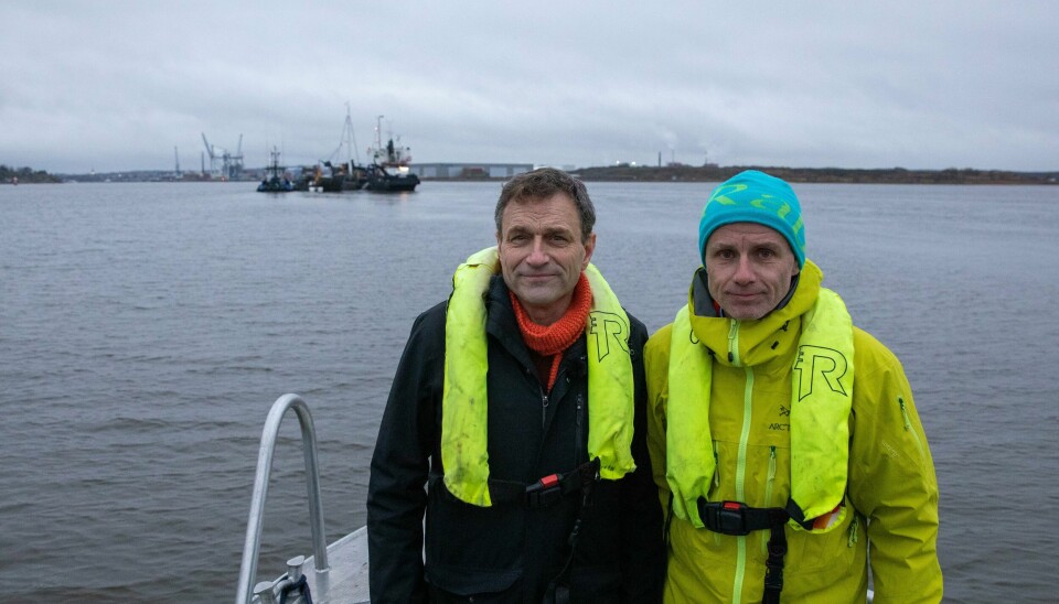 Leder i Fredrikstad MDG, Erik Skauen (t.h.) stiller ultimatum for et eventuelt samarbeid etter neste kommunevalg. Her sammen med Arild Hermstad, leder i MDG, foran Borg Havn. Fra venstre Arild Hermstad, leder i MDG og Erik Skauen, leder i Fredrikstad MDG, var tirsdag på befaring utenfor Borg Havn for å observere prøvemudringen i Røsvikrenna.