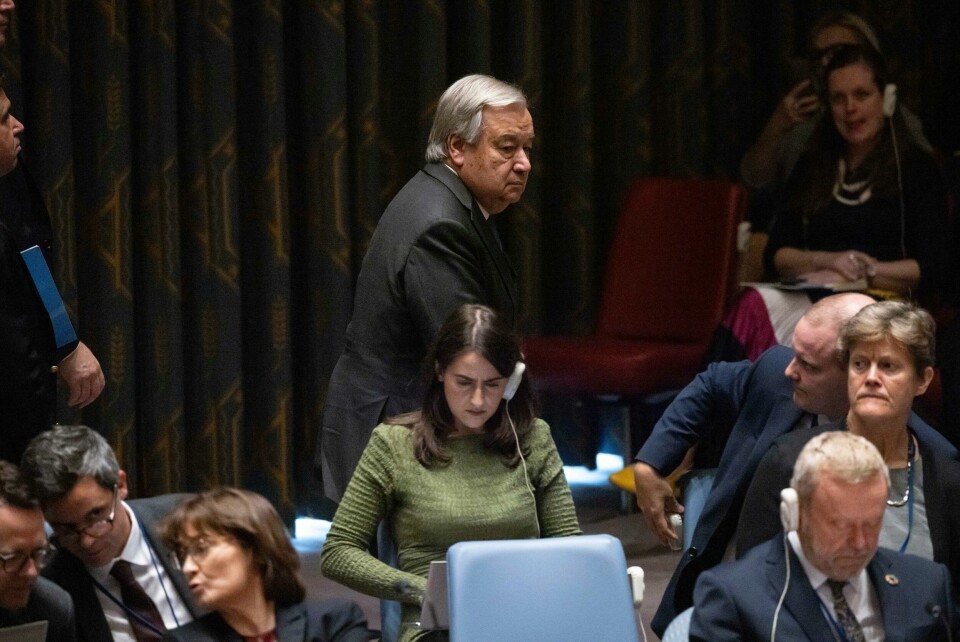 FNs generalsekretær António Guterres på vei ut av et møte i FNs sikkerhetsråd fredag. FNs generalsekretær António Guterres på vei ut av et møte i FNs sikkerhetsråd fredag. Foto: Yuki Iwamura / AP / NTB
