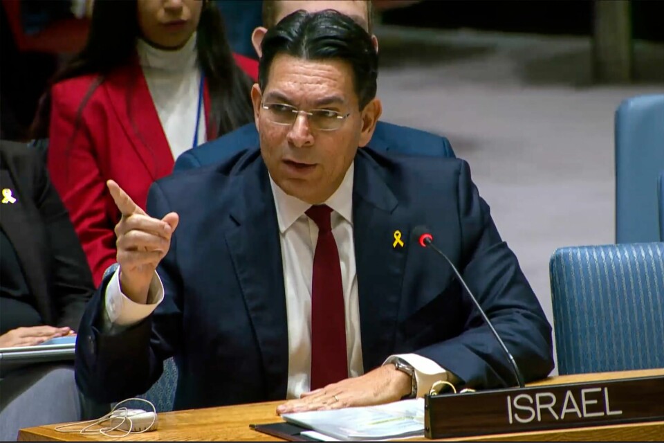 Israels FN-ambassadør Danny Danon gikk i strupen på Iran i onsdagens møte i FNs sikkerhetsråd. Israels FN-ambassadør Danny Danon gikk i strupen på Iran i onsdagens møte i FNs sikkerhetsråd.