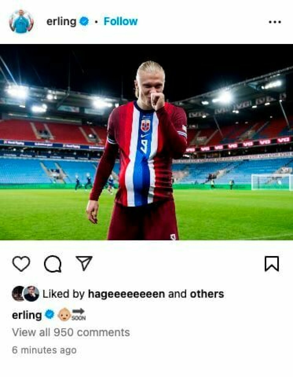 Erling Braut Haaland skal bli pappa informerer han på sin egen Instagram-konto etter kampen mot Slovenia. Erling Braut Haaland skriver på Instagram at han skal bli far. Foto: Faksimile / NTB