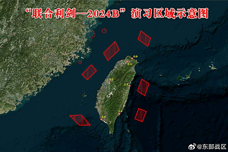 Områdene Kina øver i, nærmest omringer Taiwan. Områdene Kina øver i, nærmest omringer Taiwan.