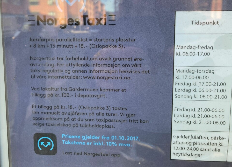 Også NorgesTaxi har et Oslopakke 3-tillegg, men det er ikke på 18 kroner, som det står på drosjeholdeplassen på Carl Berners plass. Tillegget er nå på 40 kroner, går det fram av selskapets nettsider. Også NorgesTaxi har et Oslopakke 3-tillegg, men det er ikke på 18 kroner, som det står på drosjeholdeplassen på Carl Berners plass. Tillegget er nå på 40 kroner, går det fram av selskapets nettsider.