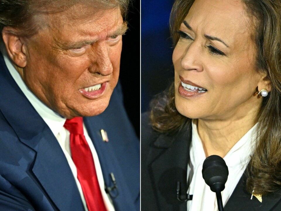 Republikanernes Donald Trump og Demokratenes Kamala Harris skal gjøre opp om hvem som blir USAs neste president. Amerikanerne går til valgurnene 5. november. (FILES) (COMBO) This combination of pictures created on September 10, 2024 shows former US President and Republican presidential candidate Donald Trump (L) and US Vice President and Democratic presidential candidate Kamala Harris participating in a presidential debate at the National Constitution Center in Philadelphia, Pennsylvania, on September 10, 2024. The two candidates for US president offer starkly different visions of the world, with November's election carrying the potential to dramatically change policy toward Ukraine and other partners. (Photo by SAUL LOEB / AFP)
