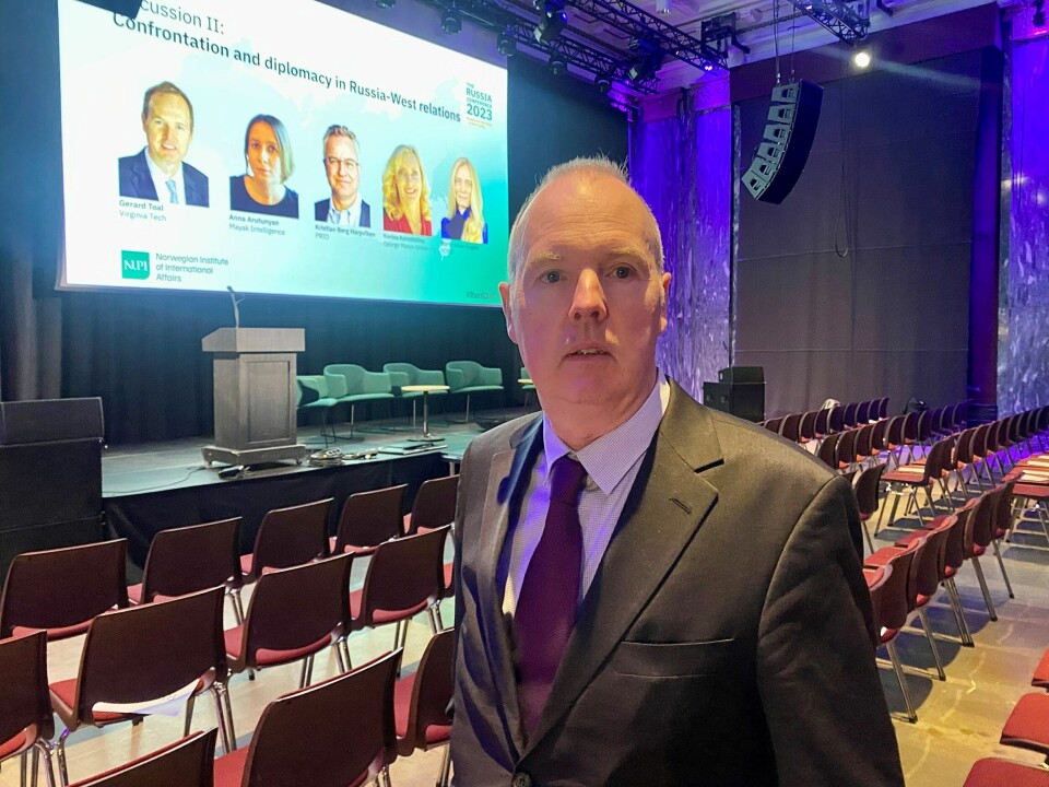 Gerard Toal avbildet under et besøk på Russland-konferansen til Norsk utenrikspolitisk institutt (Nupi) i Oslo i fjor. Gerard Toal, professor ved Virginia Tech, var gjest under Nupis Russland-konferanse i Oslo.