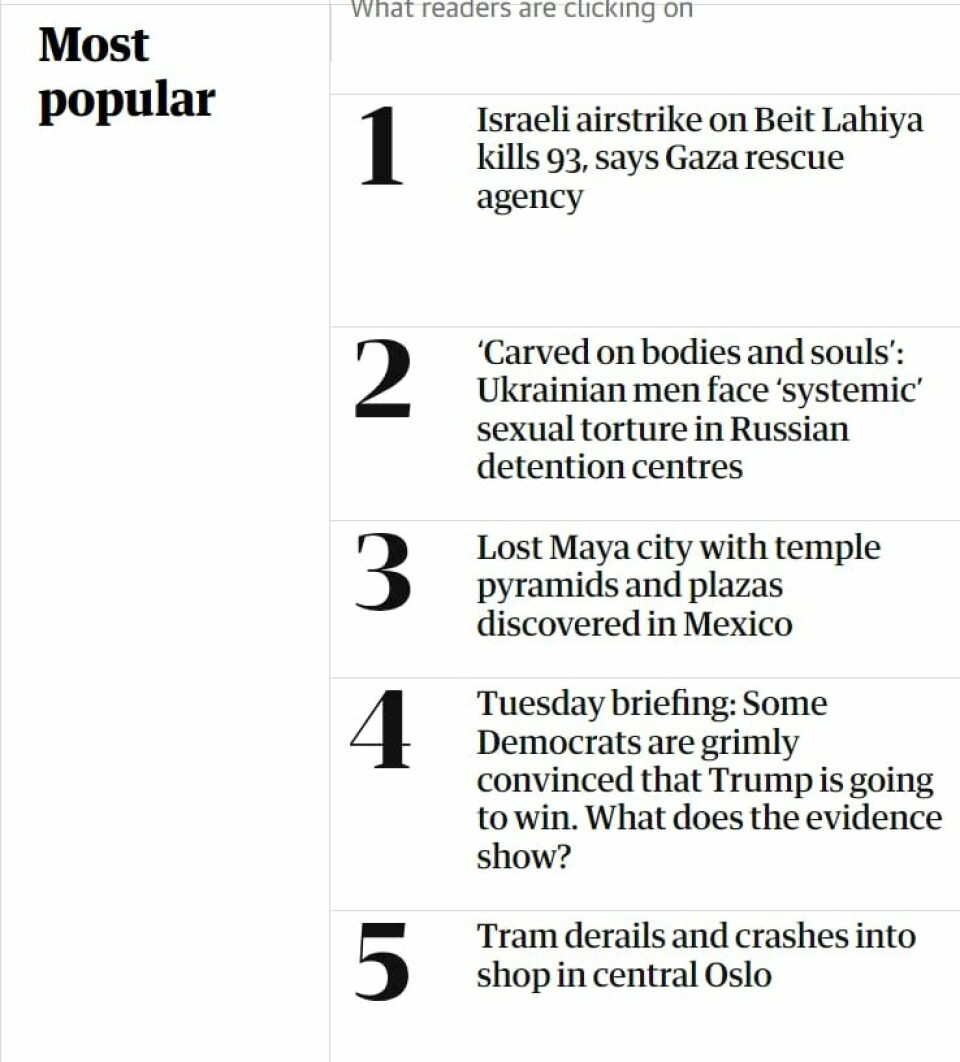 Trikk-ulykken er internasjonale nyheter. Oversikt over de mest lest sakende på The Guardian sin hjemmeside. Trikk-krasj-saken er nummer fem.