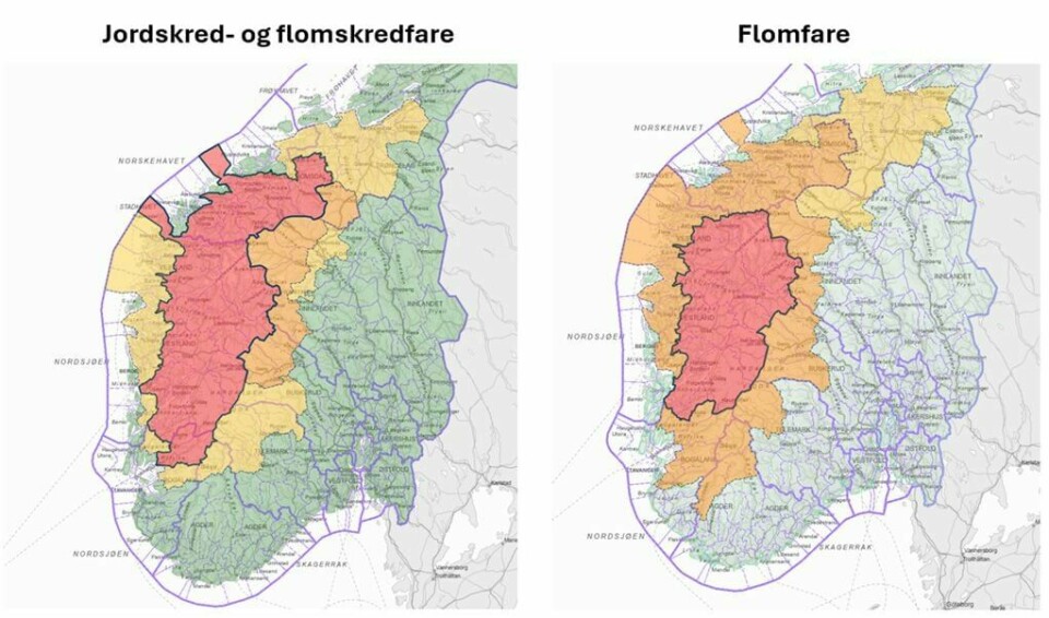 Det er sendt ut rødt farevarsel for jordskred og flom i deler av Sør-Norge. Det er sendt ut rødt farevarsel for jordskred og flom i deler av Sør-Norge. Foto: Skjermdump fra varsom.no / NTB