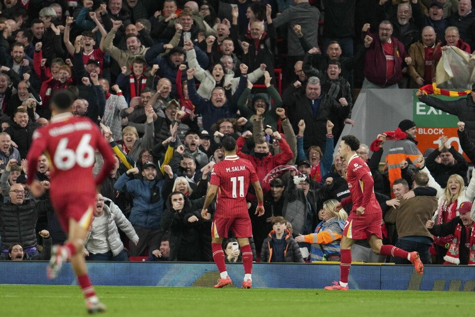 Liverpools Mohamed Salah scoret 2-1-målet mot Brighton i Premier League lørdag. Liverpools Mohamed Salah scoret 2-1-målet mot Brighton i Premier League lørdag. Foto: Jon Super / AP Photo / NTB
