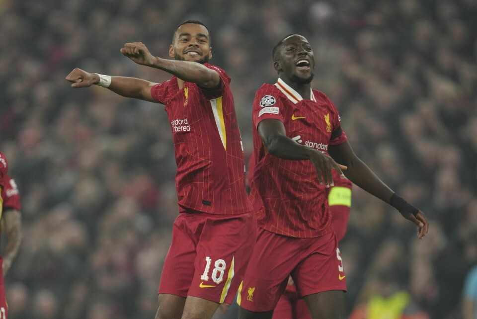 Cody Gakpo feirer sin scoring mot Leverkusen i Liverpools hjemmeseier. Cody Gakpo feirer sin scoring mot Leverkusen i Liverpools hjemmeseier. Foto: Jon Super, AP / NTB