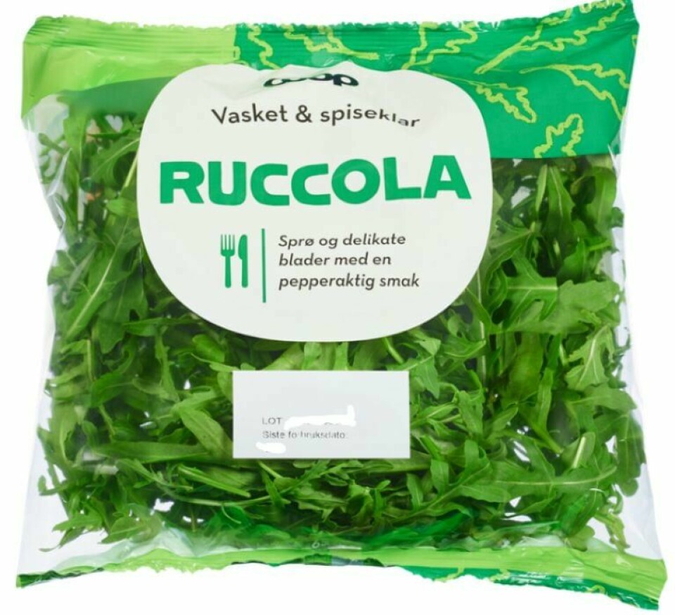 Coop Norge SA kaller tilbake Coop Ruccola 65 gram med siste forbruksdag 13.11.2024 grunnet funn av E. coli. Coop Norge SA kaller tilbake Coop Ruccola 65 gram med siste forbruksdag 13.11.2024 grunnet funn av E. coli. Foto: Mattilsynet / Handout / NTB