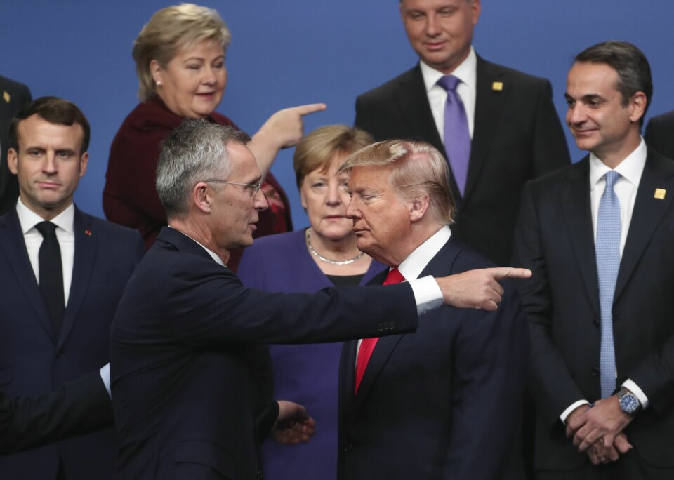 Jens Stoltenberg og Donald Trump under Nato-toppmøtet i England desember 2019. Tidligere Nato-generalsekretær Jens Stoltenberg under et Nato-toppmøte med Trump i 2019. Stoltenberg gratulerer Trump med valgseieren i USA. Foto: Francisco Seco / AP / NTB