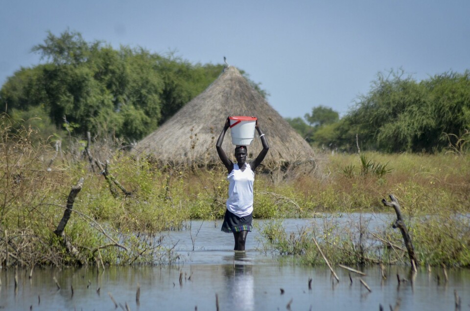 Store områder er satt under vann og har drevet 379.000 mennesker på flukt i Sør-Sudan. Dette bildet er fra 2020. Sør-Sudan står midt oppe i en flomkatastrofe. Dette bildet er fra flommen i delstaten Jonglei for fire år siden.