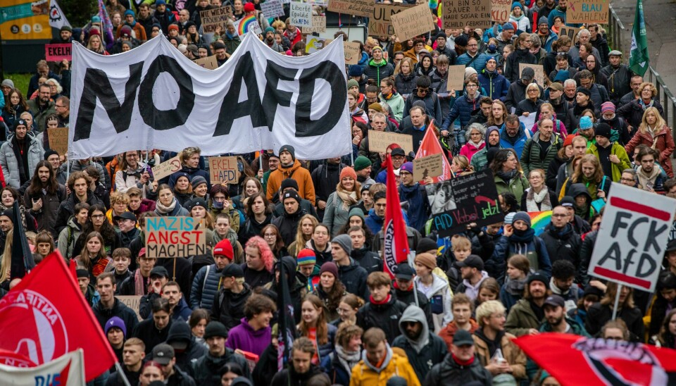 Folk demonstrerer mot Alternativ for Tyskland (AfD) i Ulm i Tyskland i begynnelsen av oktober. Folk demonstrerer mot Alternativ for Tyskland (AfD) i Ulm i Tyskland i begynnelsen av oktober. Foto: Christoph Schmidt / dpa via AP / NTB