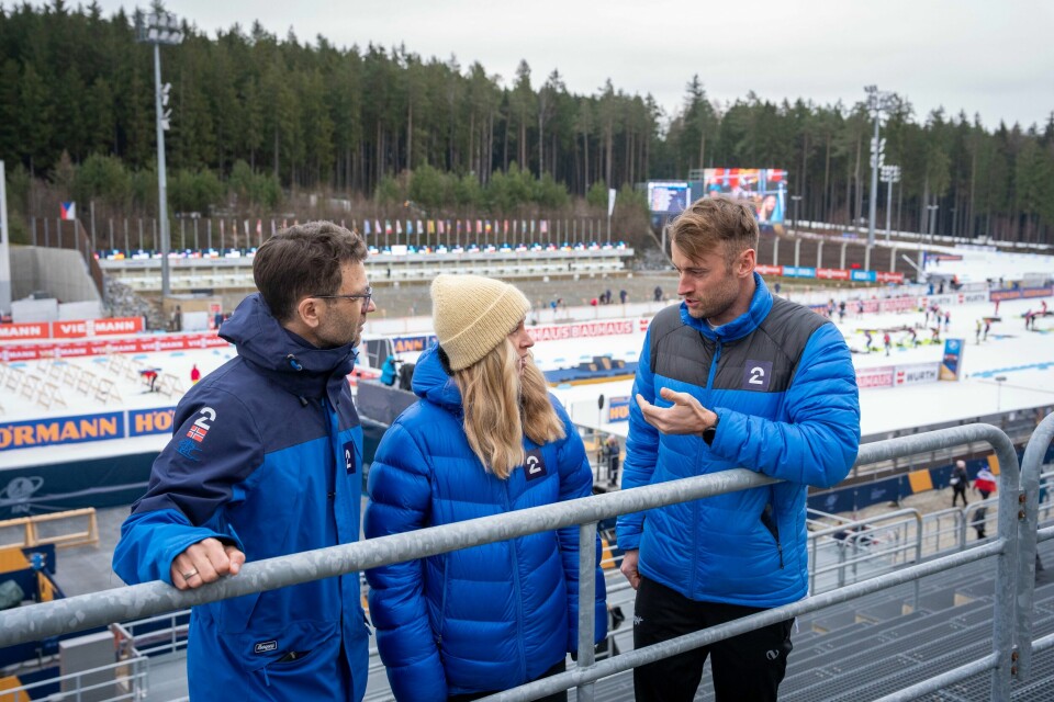 Ole Einar Bjørndalen, Tirill Eckhoff og Petter Northug på jobb for TV2. Ole Einar Bjørndalen, Tirill Eckhoff og Petter Northug på jobb for TV2.