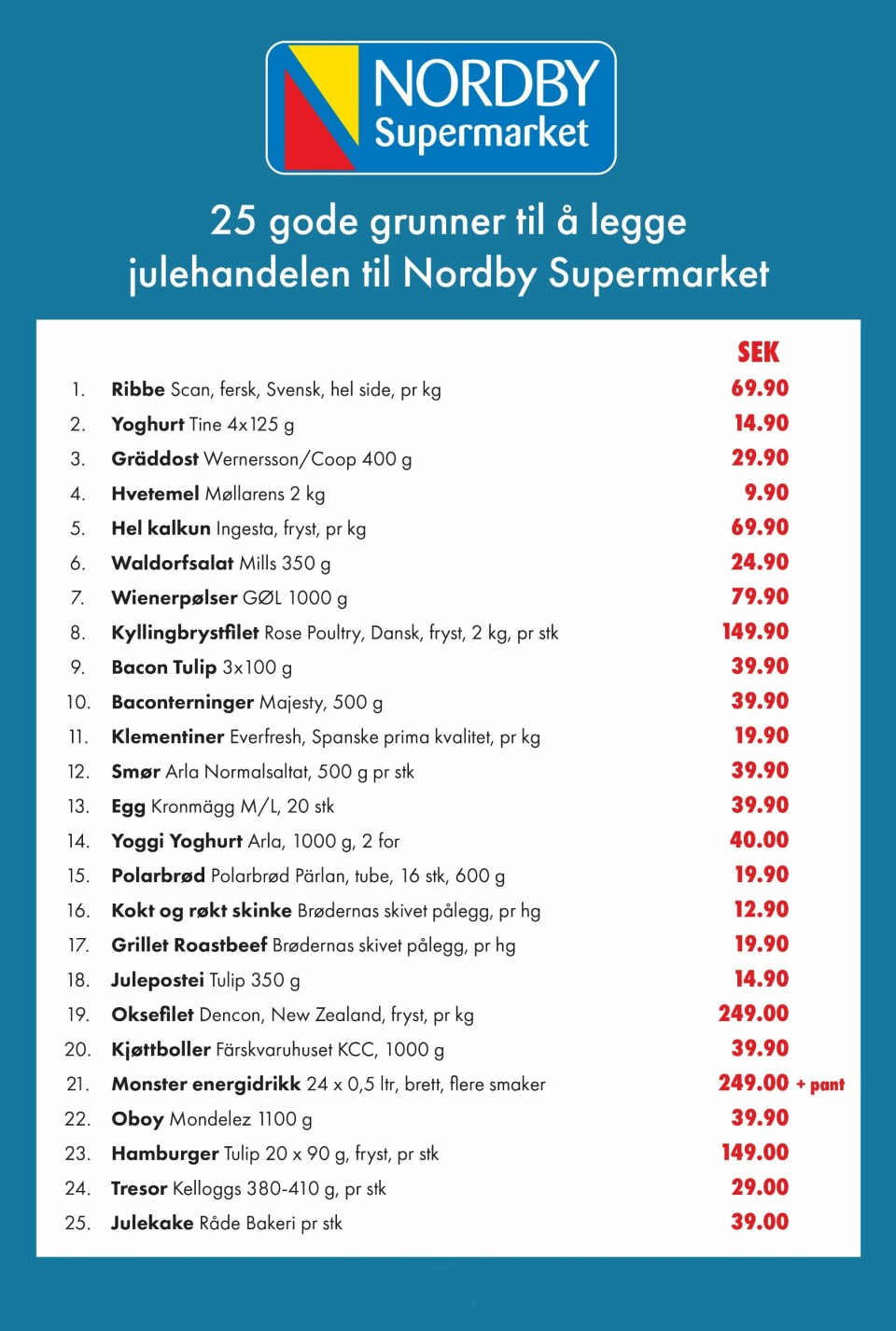FAMILIEN LA HANDLETUREN TIL NORDBY SUPERMARKET: En meget lønnsom julehandel Familiens handleliste.