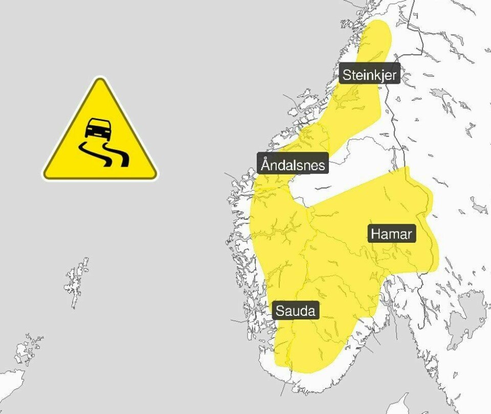Det er sendt ut gult farevarsel for is og vanskelige kjøreforhold for nesten hele Sør-Norge søndag. Det er sendt ut gult farevarsel for is og vanskelige kjøreforhold for nesten hele Sør-Norge søndag. Foto: Met / Handout / NTB