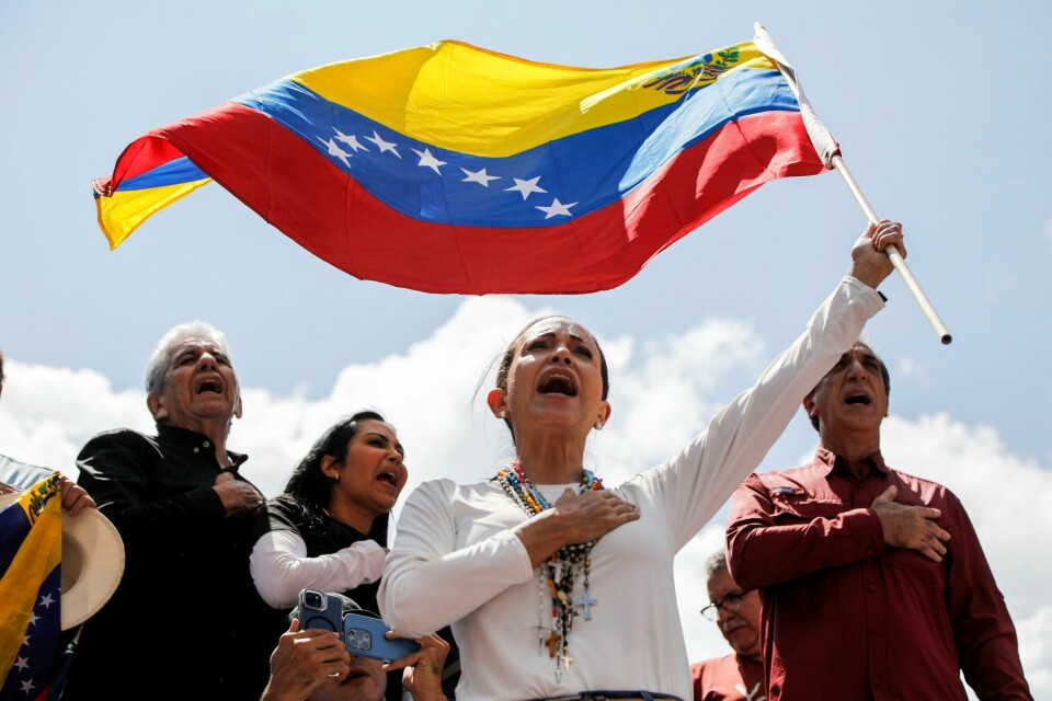 Den venezuelanske opposisjonslederen Maria Corina Machado på et protestmøte mot gjenvalget av president Nicolás Maduro Foto: Cristian Hernandez / AP / NTB