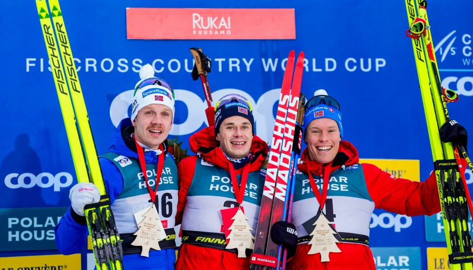Jan Thomas Jenssen, Harald Østberg Amundsen og Martin Løwstrøm Nyenget tapetserte seierspallen i Finland søndag. Jan Thomas Jenssen, Harald Østberg Amundsen og Martin Løwstrøm Nyenget tapetserte seierspallen i Finland søndag.