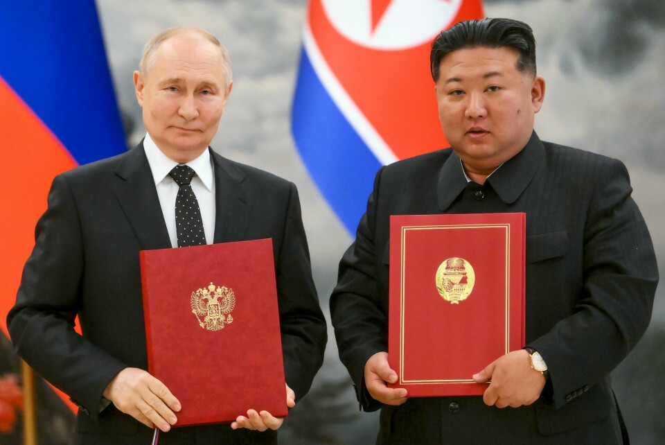Den 19. juni ble forsvarspakten mellom Russlands Vladimir Putin og Nord-Koreas Kim Jong-un undertegnet. Onsdag trådte den i kraft. Den 19. juni ble forsvarspakten mellom Russlands Vladimir Putin og Nord-Koreas Kim Jong-un undertegnet. Onsdag trådte den i kraft. Foto: Kristina Kormilitsyna / Sputnik / Kreml Pool Photo via AP / NTB