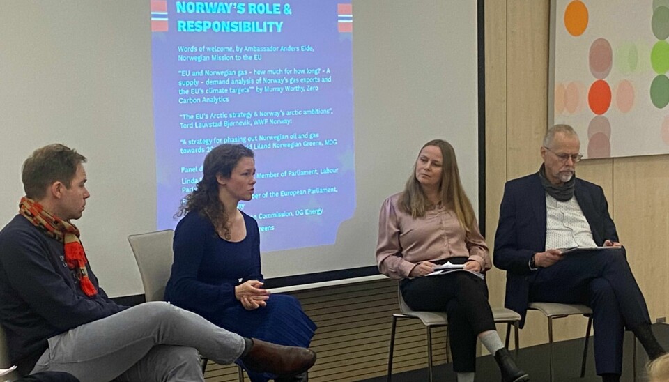 Panledebatt på Greeenpeace-møte på Det norske hus i Brussel. Fra venstre Europaparlamentarikfra De Grønne, Rasmus Andresen, Ingrid Lilanjd fra De Grønne i Norge, Linda Monsen Merkesdal, stortingsrepresentant Ap og Haitze Siemers fra DG Energi, EU-kommisjonen. Panledebatt på Greeenpeace-møte på Det norske hus i Brussel. Fra venstre Europaparlamentarikfra De Grønne, Rasmus Andresen, Ingrid Lilanjd fra De Grønne i Norge, Linda Monsen Merkesdal, stortingsrepresentant Ap og Haitze Siemers fra DG Energi, EU-kommisjonen.