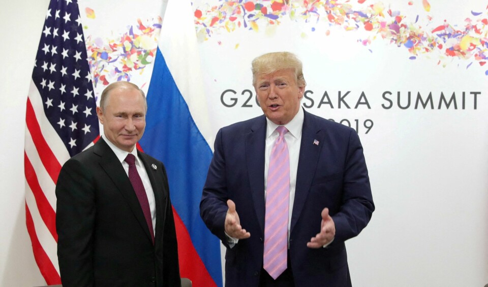 Donald Trump og Vladimir Putin avbildet på et G20-møte i Japan i 2019. Donald Trump og Vladimir Putin avbildet på et G20-møte i Japan i 2019.