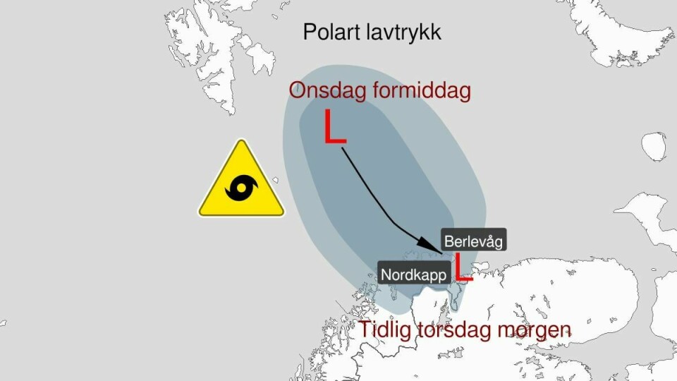 Et polart lavtrykk er på vei mot land og treffer kysten av Finnmark onsdag kveld. Lavtrykket gir allerede kraftig vind og snøfokk fra Finnmark ned til Ofoten. Et polart lavtrykk er på vei mot land og treffer kysten av Finnmark onsdag kveld. Lavtrykket gir allerede kraftig vind og snøfokk fra Finnmark ned til Ofoten. Foto: Yr / Handout / NTB