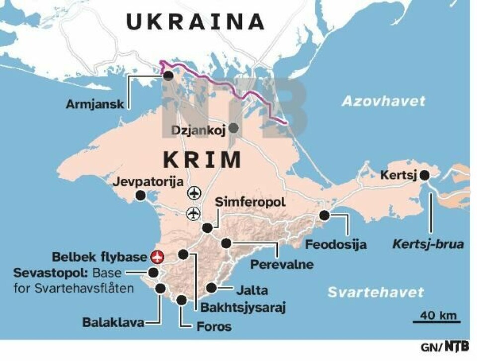 Kart over den annekterte ukrainske Krim-halvøya. Sevastopol ses i sørvest.(Nyhetsgrafikk (GN/NTB)) Kart over den annekterte ukrainske Krim-halvøya. Sevastopol ses i sørvest.