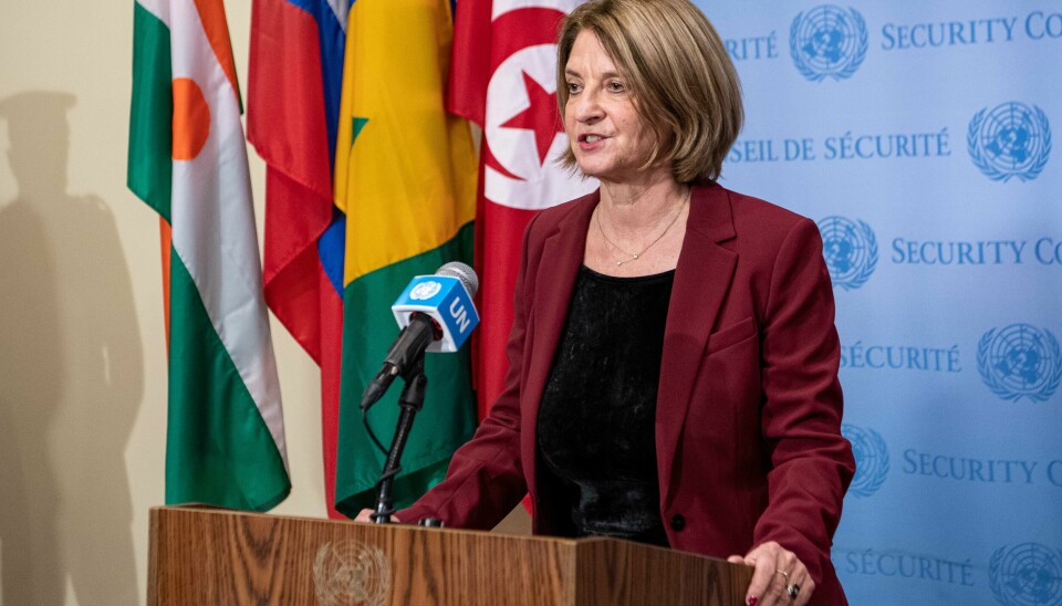 FN-ambassadør Mona Juul under en seremoni da Norge fikk en av plassene i FNs sikkerhetsråd for ett år siden. Foto: Eskinder Debebe / United Nations Photo / NTB