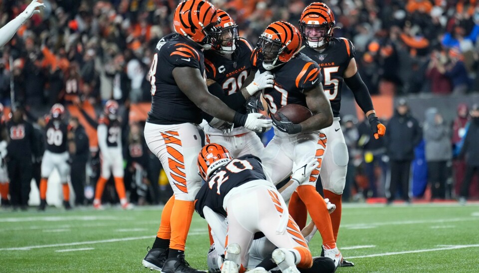 Germaine Pratt (med ballen) gratuleres etter ballerobringen som sikret Cincinnati Bengals seieren over Las Vegas Raiders. Bengals vant en sluttspillkamp i NFL for første gang siden 1991. Germaine Pratt (med ballen) gratuleres etter ballerobringen som sikret Cincinnati Bengals seieren over Las Vegas Raiders. Bengals vant en sluttspillkamp i NFL for første gang siden 1991. Foto: AJ Mast, AP / NTB