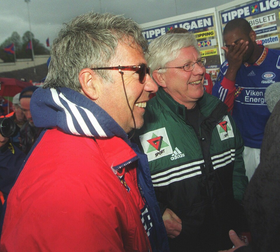 Egil Olsen og Nils Arne Eggen som trenere for henholdsvis Vålerenga og Rosenborg på Bislett i 1999. Rosenborg vant kampen 5-0. Egil Olsen og Nils Arne Eggen som trenere for henholdsvis Vålerenga og Rosenborg på Bislett i 1999. Rosenborg vant kampen 5-0.