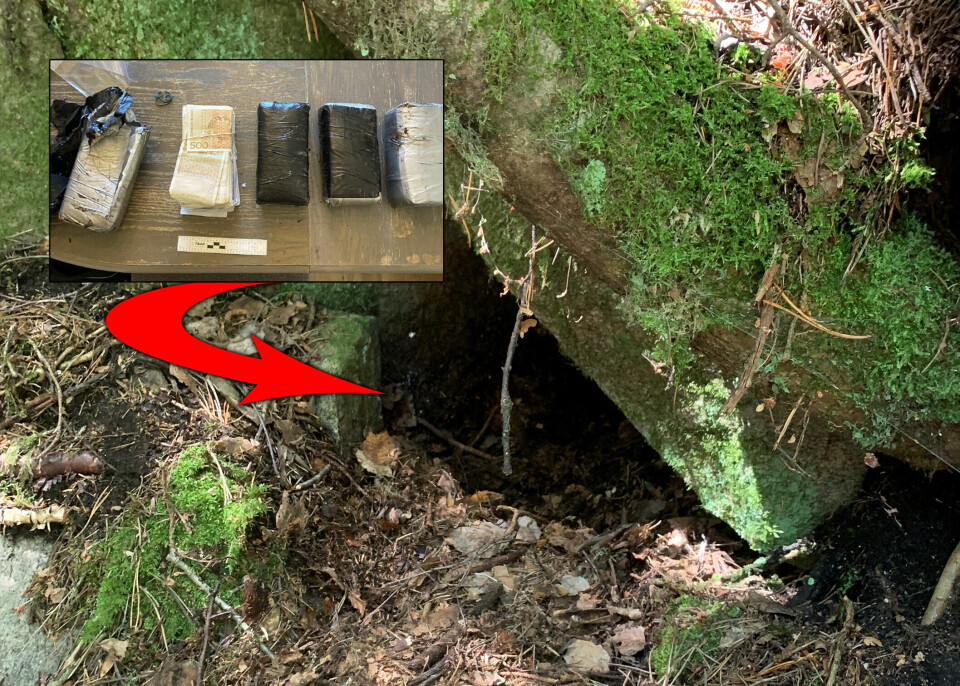 Pengene ble funnet i dette hulrommet i nærheten av Våpenhula i Mossemarka, en liten grotte hvor det ble lagret utstyr for motstandsbevegelsen Milorg under andre verdenskrig. Pengene ble funnet i dette hulrommet i nærheten av Våpenhula i Mossemarka, en liten grotte hvor det ble lagret utstyr for motstandsbevegelsen Milorg under andre verdenskrig.