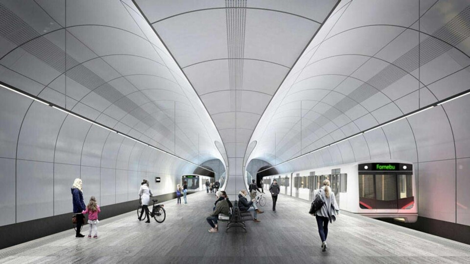 Fornebu stasjon på den nye Fornebubanen, sånn Zaha Hadid Architects og A-lab ser den. Fornebu stasjon, illustrasjon