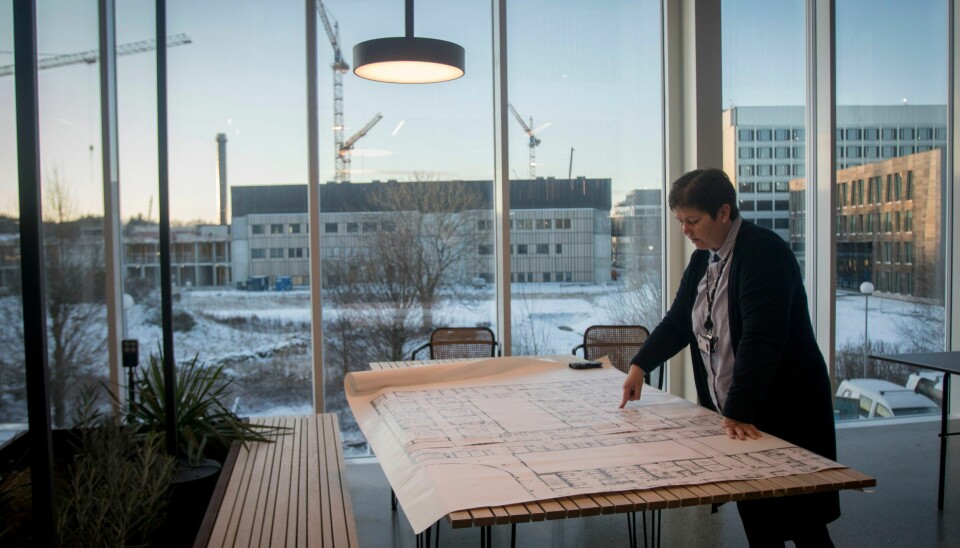 Cirka midtveis i pandemien gikk plangruppen gjennom alle plantegningene av det nye sykehuset for å se om det var noe de kunne gjøre annerledes. Det resulterte i mange endringer, forklarer Elisabeth Haga Jacobsen, prosjektleder for klargjøring for drift på nye SUS. Her med det nye sykehuset i bakgrunnen. Nye SUS, Elisabeth Haga Jacobsen