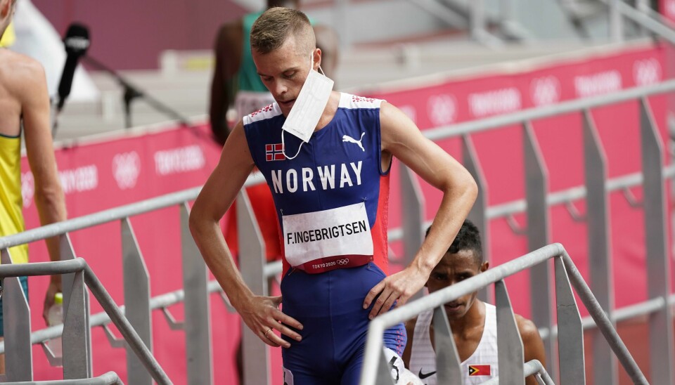 Filip Ingebrigtsen var tydelig misfornøyd etter løpet. Filip Ingebrigtsen var langt nede etter 1500 meteren tirsdag. Foto: Lise Åserud / NTB