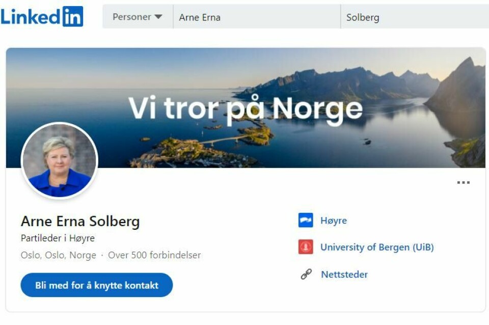 Høyres partileder, Erna Solberg, har midlertidig tatt et annet fornavn på jobbfellesskapet LinkedIn. Høyres partileder, Erna Solberg, har midlertidig tatt et annet fornavn på jobbfellesskapet LinkedIn.
