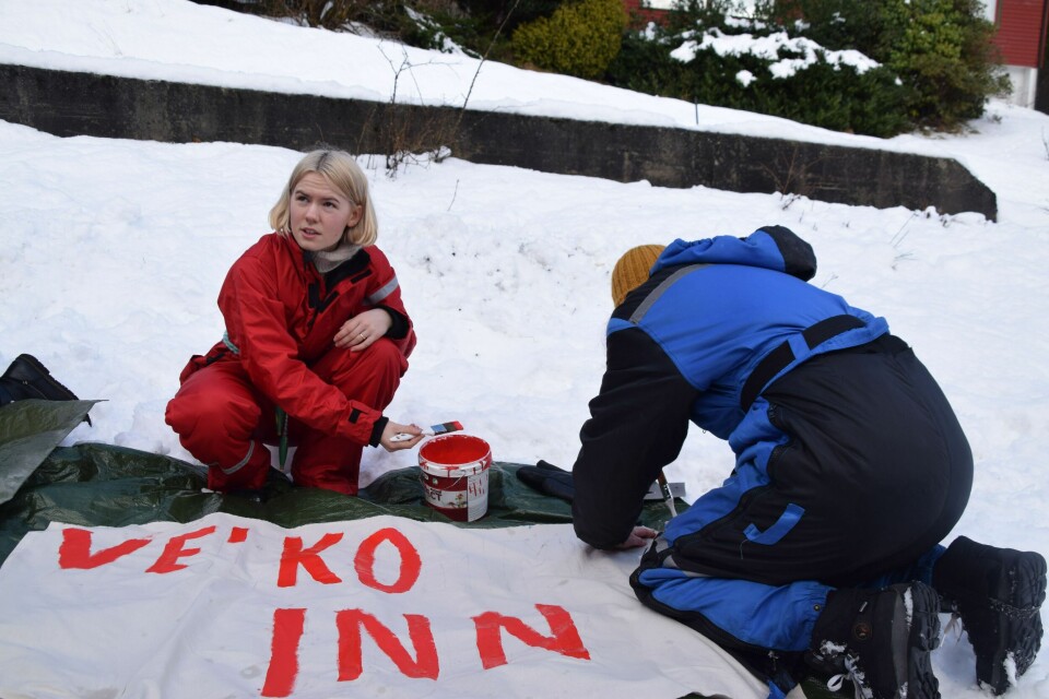 Gina Gylver er leder i Natur og Ungdom og på plass ved Førdefjorden. Maler parole