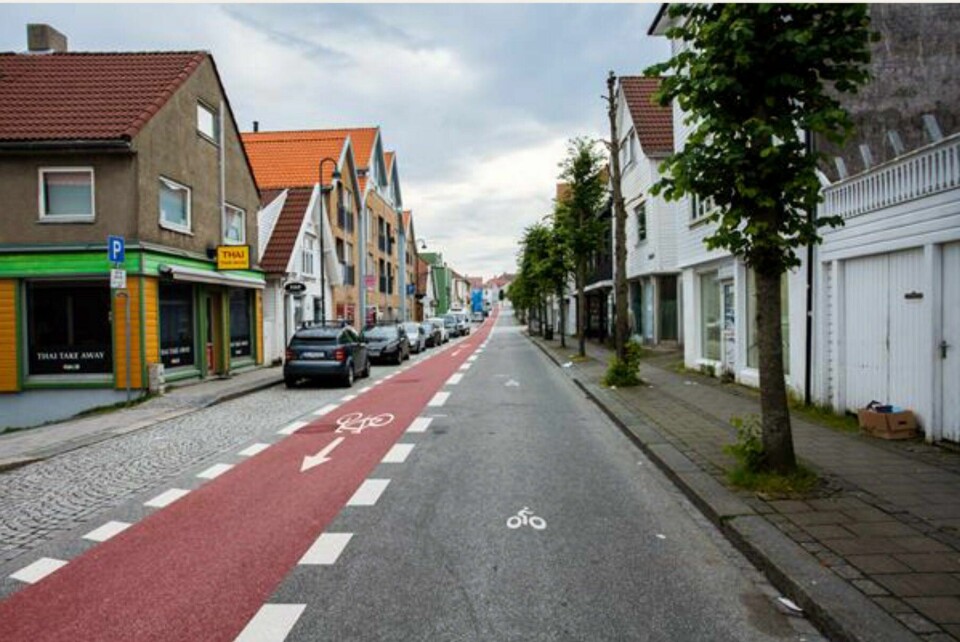Pedersgata. Foto: Stavanger kommune Et flertall i formannskapet valgte å sende saken om sykkelvei og enveiskjøring i Pedersgata tilbake til administrasjonen. Omtrent slik kan det bli seende ut. Illustrasjon: Stavanger kommune