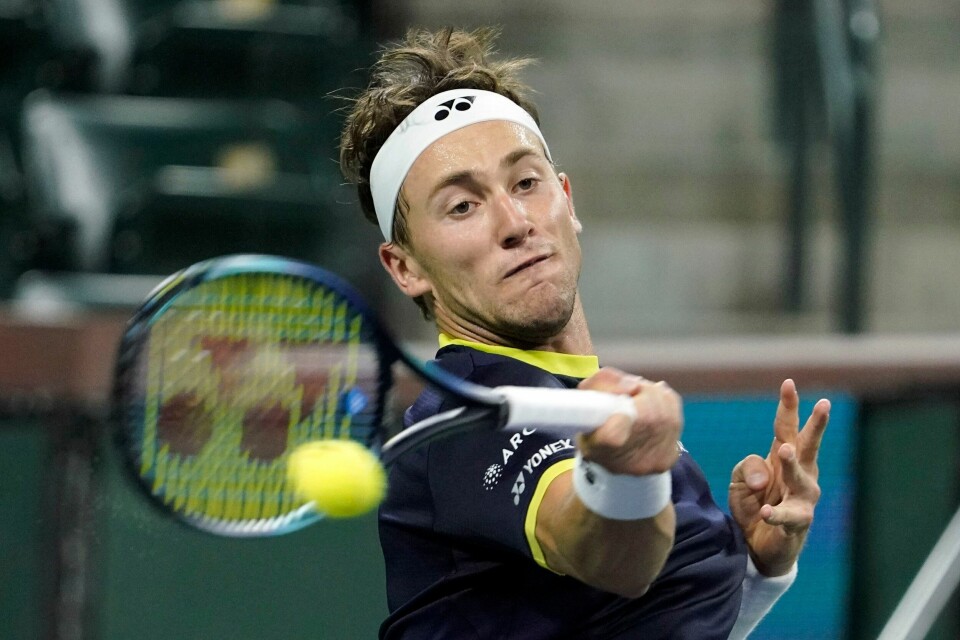 Casper Ruud knuste Alexander Bublik i tredje runde av ATP-turneringen i Miami søndag. Her fra en tidligere turnering. Casper Ruud skal møte xxx i annen runde av Miami Open. Her under Indian Wells-turneringen hvor han tapte i 3. runde. Foto: Mark J. Terrill / AP / NTB