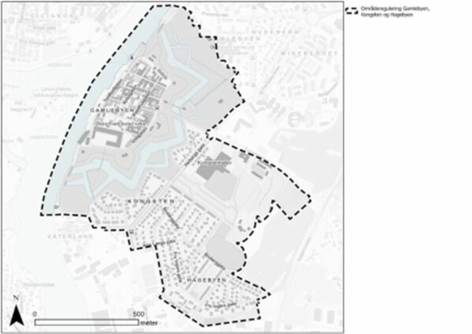 Områdereguleringsplanen som er varslet tar med seg både Gamlebyen, Kongsten og hagebyen. Områdereguleringsplanen som er varslet tar med seg både Gamlebyen, Kongsten og hagebyen.