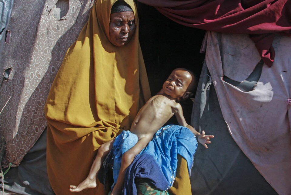 63 år gamle Boolo Aadan er en av 450.000 somaliere som de siste månedene er drevet på flukt som følge av tørke. Her sitter hun med det ni måneder gamle barnebarnet på fanget i en leir utenfor Mogadishu. 63 år gamle Boolo Aadan er en av 450.000 somaliere som de siste månedene er drevet på flukt som følge av tørke. Her sitter hun med det ni måneder gamle barnebarnet på fanget i en leir utenfor Mogadishu. Foto: AP / NTB