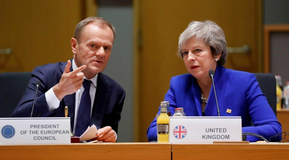 Storbritannias statsminister Theresa May og EU-president Donald Tusk under et tidligere møte om brexit.