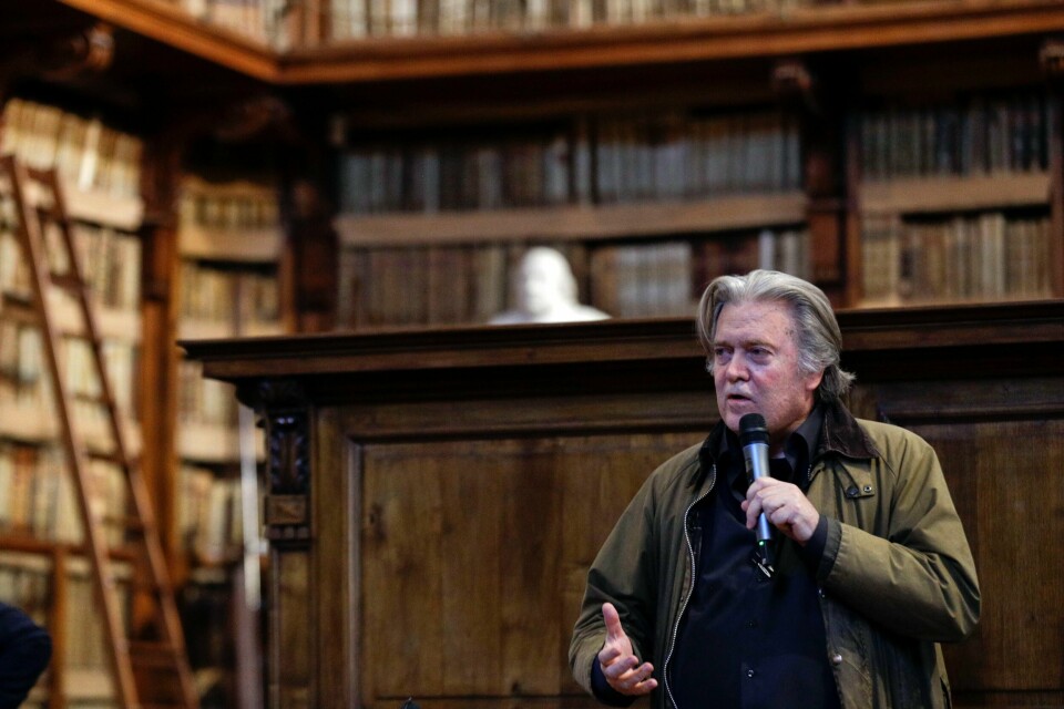 Til Norge og Nordiske Mediedager 9. mai: Omstridte Steve Bannon, tidligere Trump-strateg, her under en konferanse i Roma i mars i år